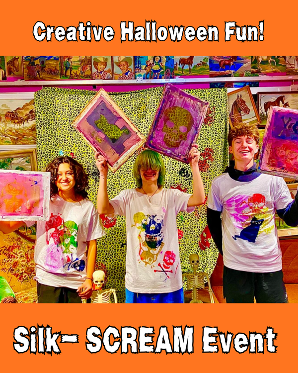 Three people holding up silkscreens with a colorful background and text about a Silk-Scream event.