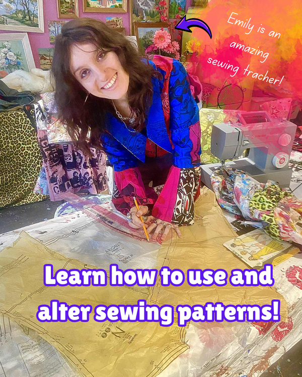 Woman at a sewing table with text about sewing lessons and patterns.