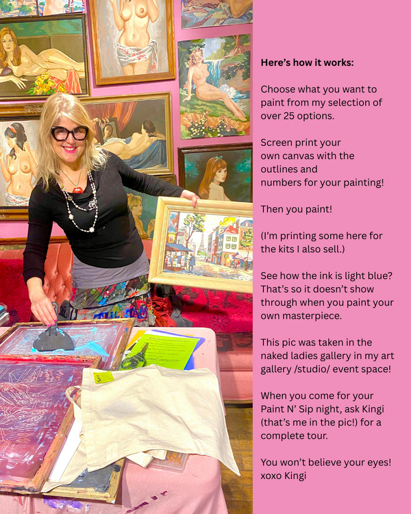 Kingi Carpenter painting with text about art selection and printing process for the Peach Berserk Paint & Sip Paint Nights at Peach Berserk. 