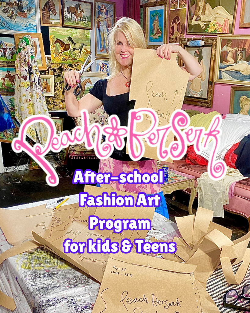 Kingi Carpenter holding a pattern piece with text overlay about an after-school fashion art program at Peach Berserk.