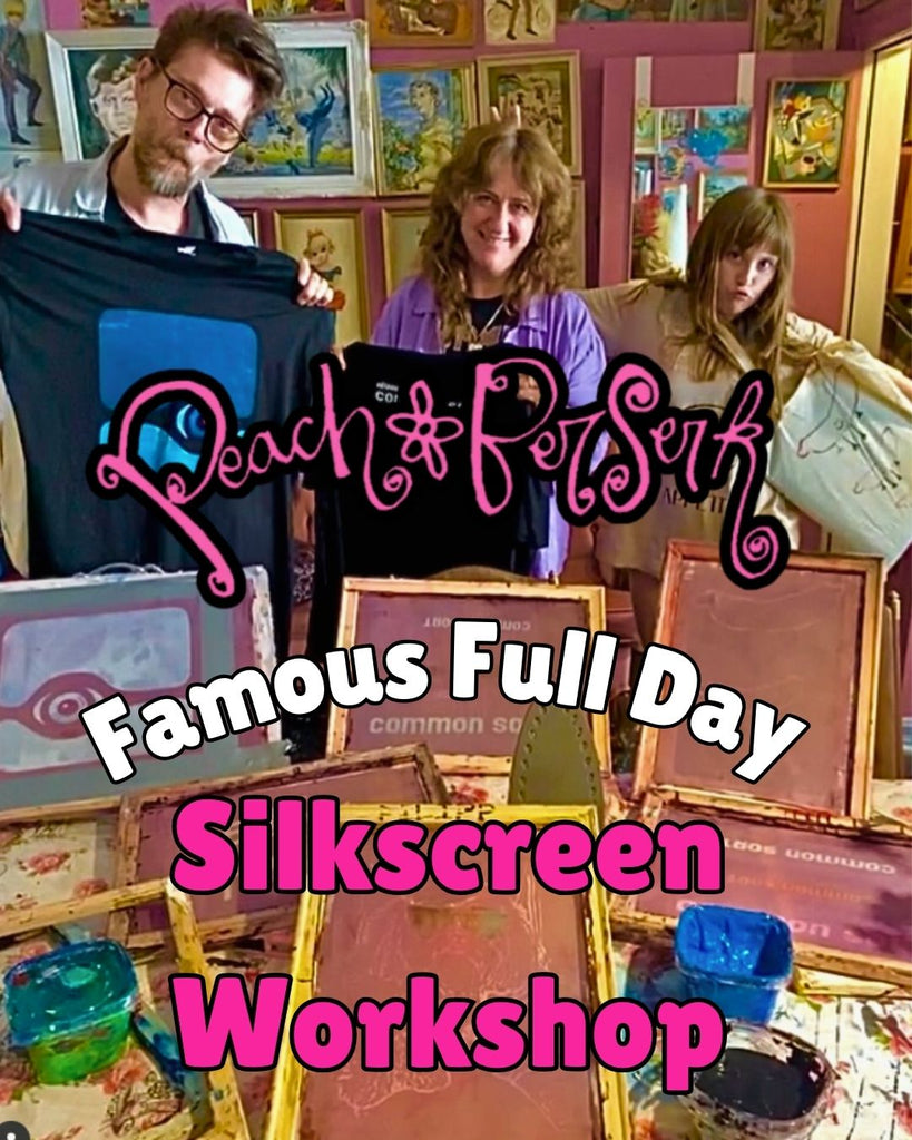 A family holding the t-shirts they printed at Peach Berserk's silkscreen workshops. Branding shows the Peach Berserk logo and the words Famous Full Day Silkscreen workshop. 