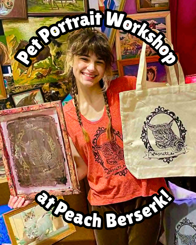 Person wearing a cat tee, holding a silkscreen and a tote bag with a cat design, surrounded by artwork. promotional text reads Pet Portrait workshop at Peach Berserk