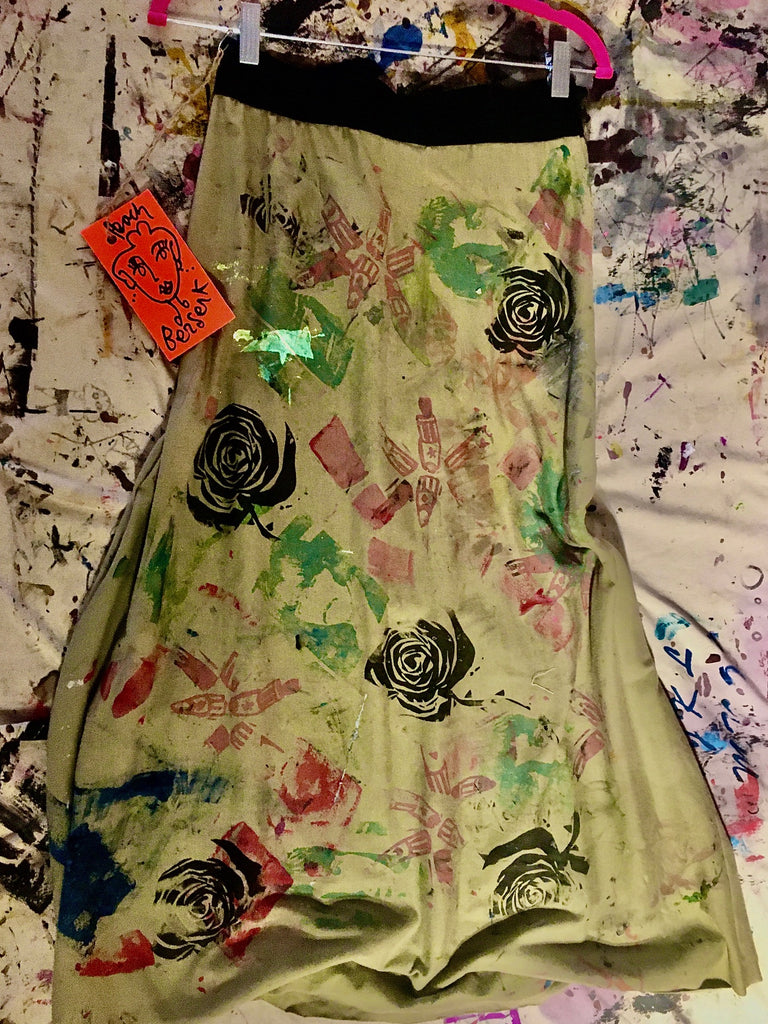Upcycled Peach Berserk Drop Cloth Crazy Skirt "lipstix and roses"
